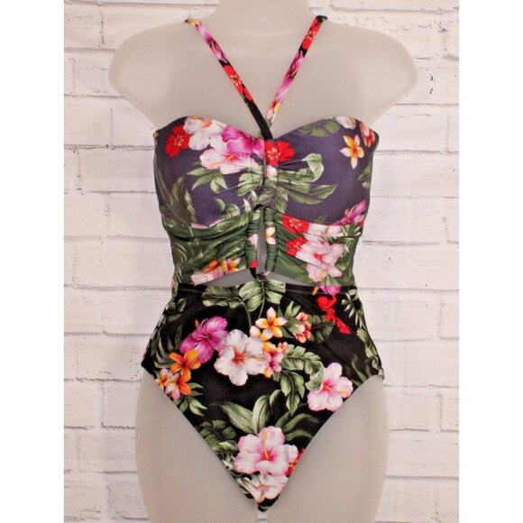 Bar III Women's Floral Keyhole One-Piece Swimsuit Navy Blue Size Medium NWT - Picture 3 of 8